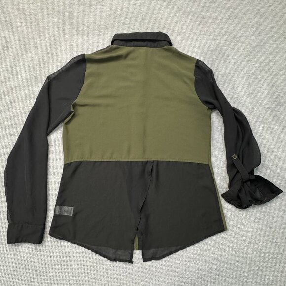 Vanity Womens Green Black Colorblock Semi Sheer Blouse Roll-tab Sleeve Sz Small - Picture 5 of 16